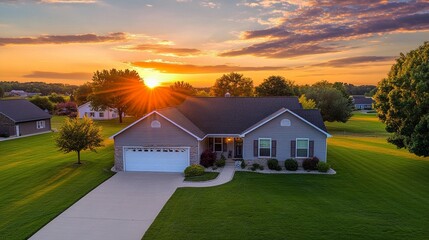 Charming suburban home with sprawling green lawn illuminated by a breathtaking sunset, showcasing a peaceful and idyllic residential countryside setting.