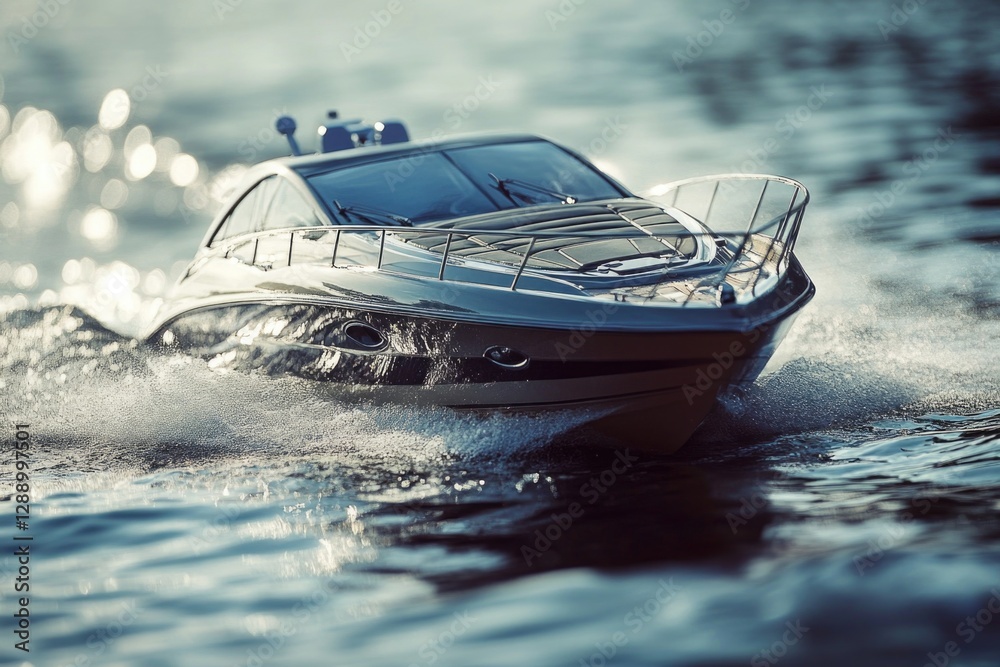 Poster a small toy boat gliding across the surface of the water, perfect for use in illustrations about chi