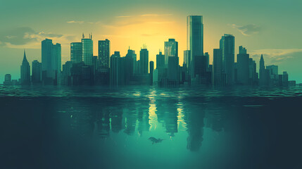 Obraz premium Glass city submerged, rising waters, climate change impact, environmental disaster illustration. Glass City Underwater. Illustration
