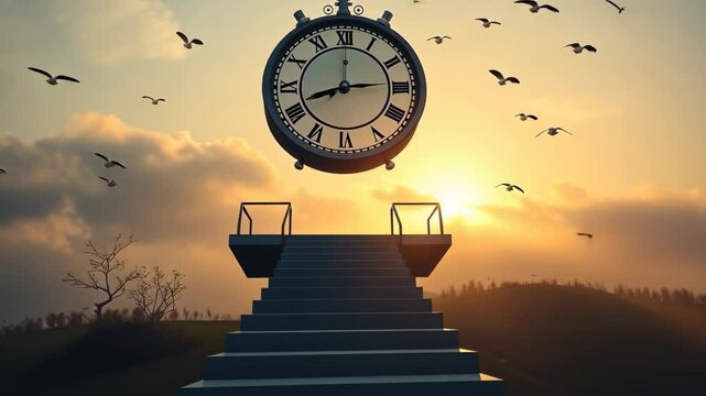 Journey to time as a clock hovers above stairs against a beautiful sunset with flying birds