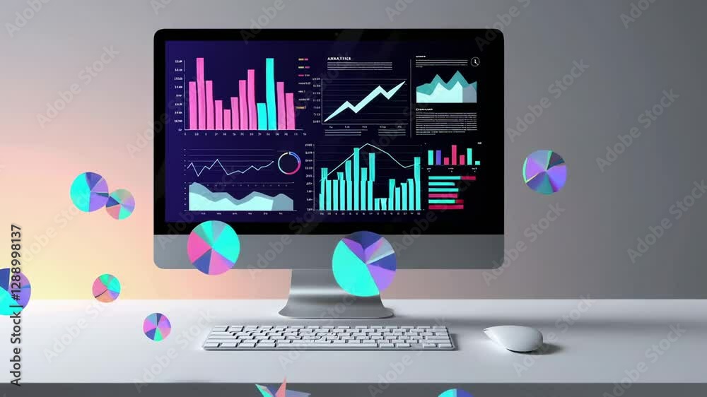 Poster Colorful pie charts floating around a computer monitor displaying various financial data visualizations, creating a dynamic representation of market analysis and business growth