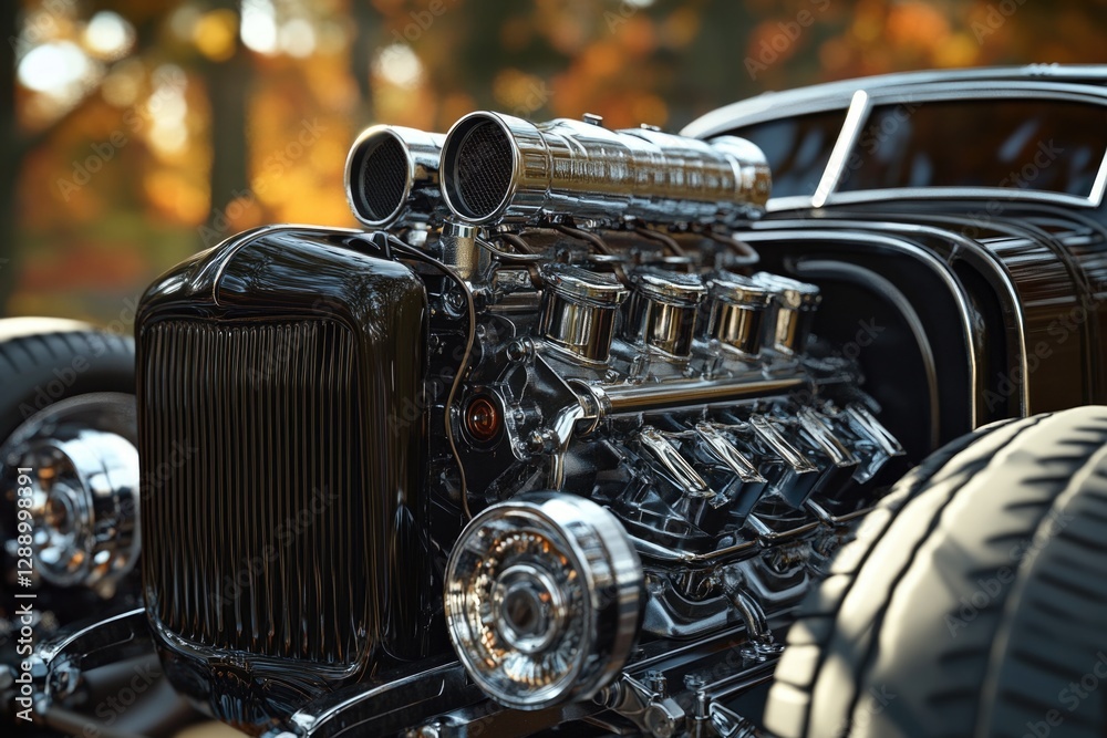 Poster close-up shot of a car engine with a car in the background, ideal for automotive or vehicle-related 