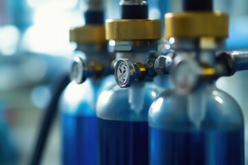 A close-up view of multiple blue gas bottles