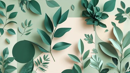 Fototapeta premium Paper Leaves and Geometric Shapes Layered on Green and Beige Background, Modern Botanical Art