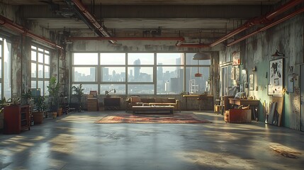 Loft apartment city view sunrise interior design