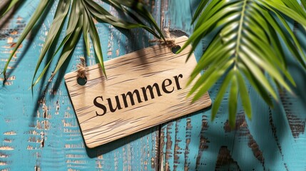 summer label on tropical background with palm leaf