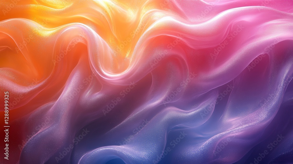 Poster flowing abstract waves in vibrant colors of orange, pink, and purple, creating a soft and tranquil a