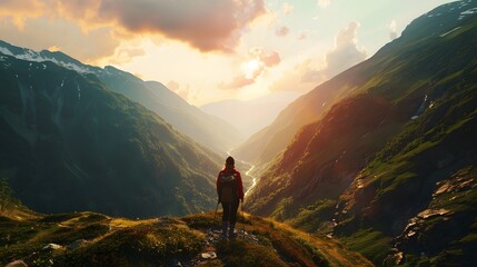 Fototapeta premium Illustration of A breathtaking mountain range with a hiker, carrying a zero waste kit, overlooking a pristine valley, embodying the essence of freedom and sustainable living, dramatic skies.