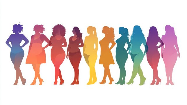Diverse Women Body Types - Colorful silhouettes of women showcasing a variety of body shapes and sizes. Celebrating body positivity and diversity
