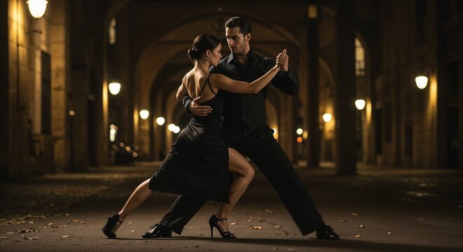 Couple dancing tango with passion at night in elegant urban setting, International Dance Day