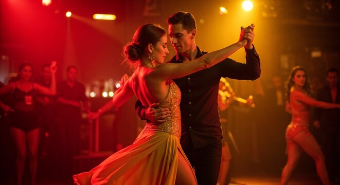 Couple elegantly dancing salsa under warm lights in a lively dance venue
