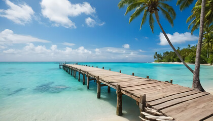 The wooden pier extends over blue tropical ocean waters