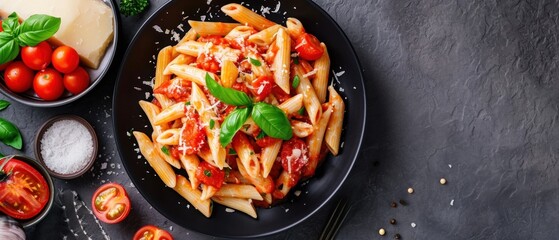 Pasta. Penne Pasta. Classic Italian Dish with Tube-Shaped Pasta, Perfect for Holding Sauces, Popular Comfort Food Isolated on Background with Copy Space. Italian Food Concept with Copy Space.