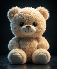 Obraz premium Adorable Beige Teddy Bear Plush Toy Sitting on Dark Background