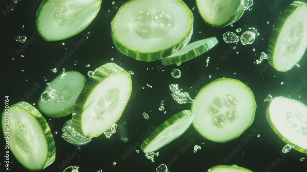 Poster Floating halved cucumbers on dark background for fresh design concept
