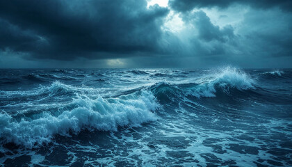Ocean sea during a storm with deep blue rough water with choppy waves crashing and ominous dark clouds on the horizon