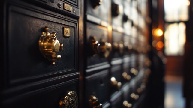 A collection of black drawers with gold knobs on the front, suitable for home decor and furniture photography