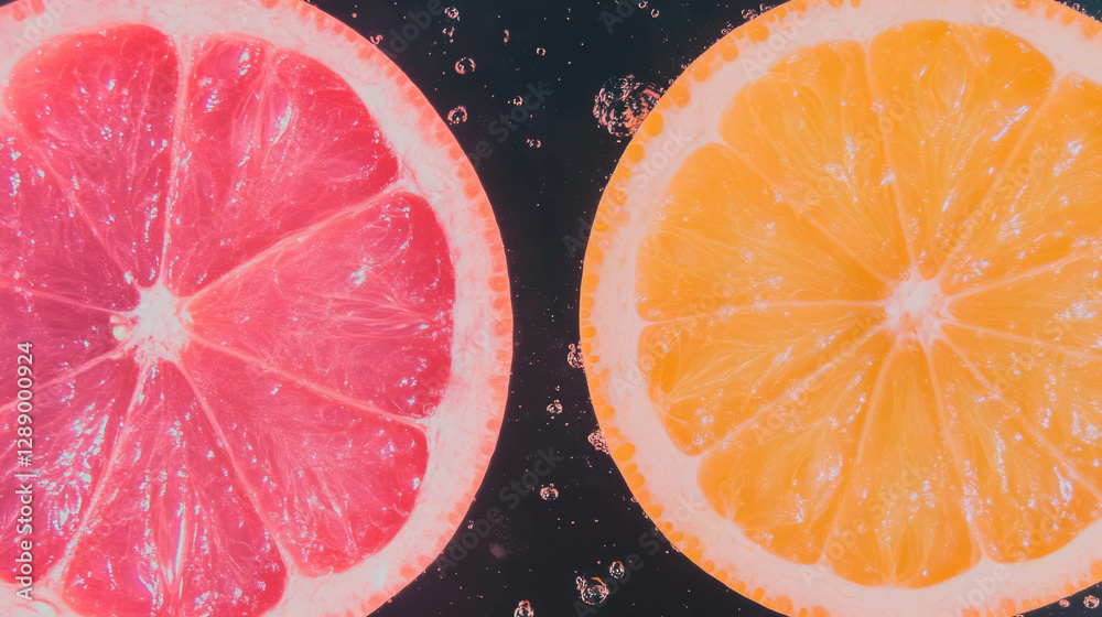 Poster vibrant floating halved grapefruits on dark background for fresh summer design