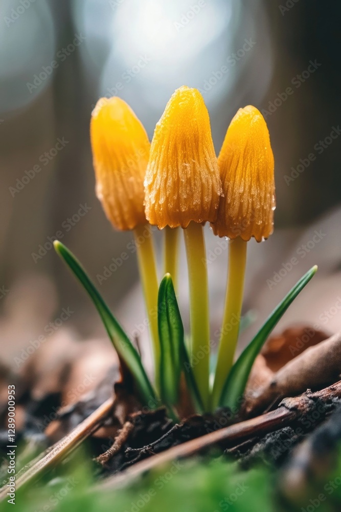 Poster close-up view of two small yellow mushrooms growing directly from the soil, great for use in illustr