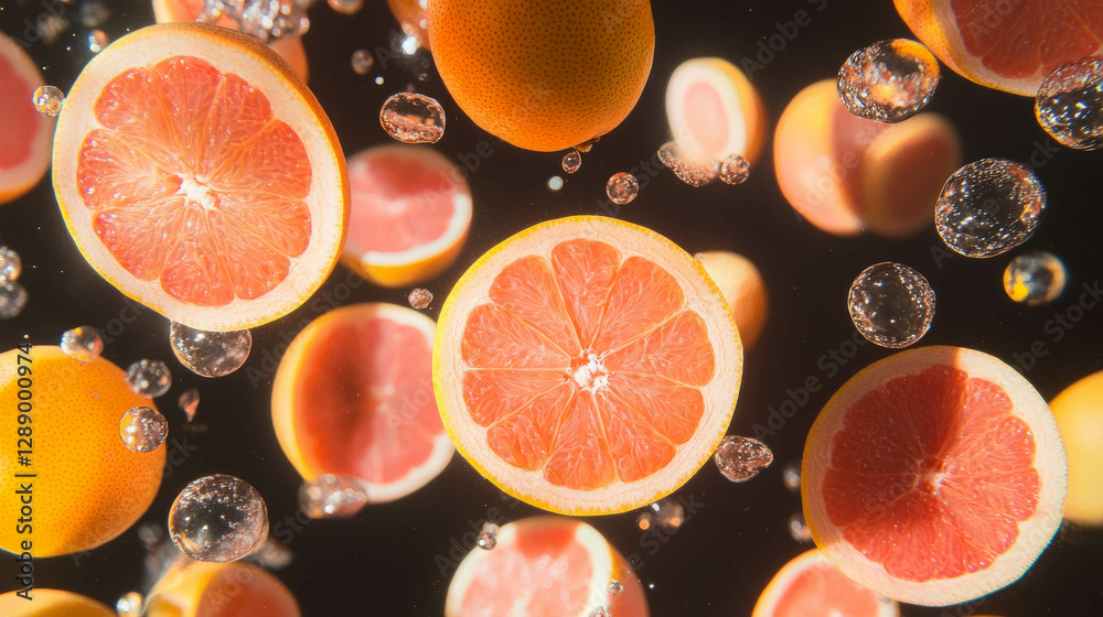 Poster fresh citrus vibe: drifting halved grapefruit with bubbles in motion for summer design