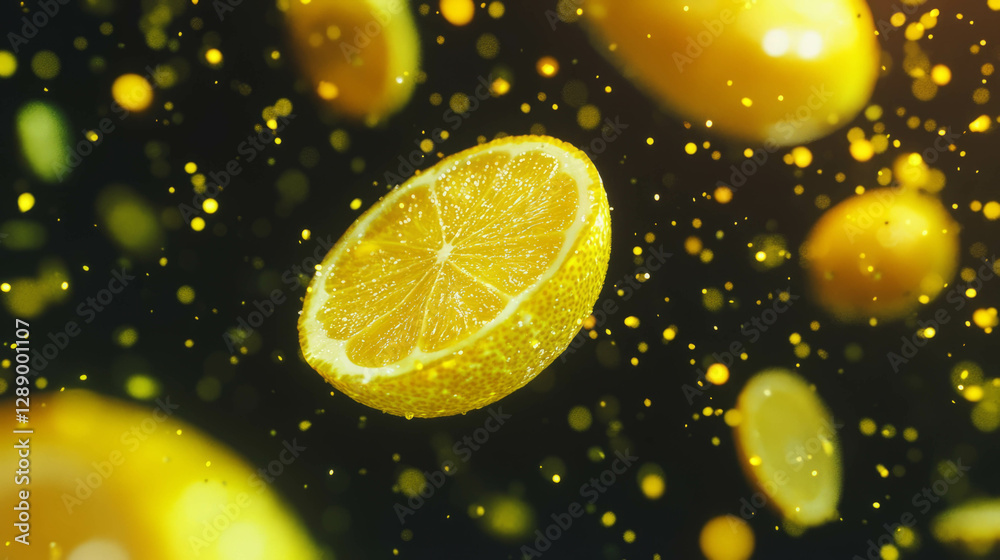 Poster vibrant floating lemons on dark background for refreshing summer design