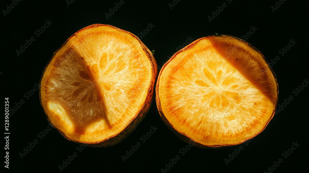 Poster vibrant display of halved rutabagas against a dark background for culinary art and design