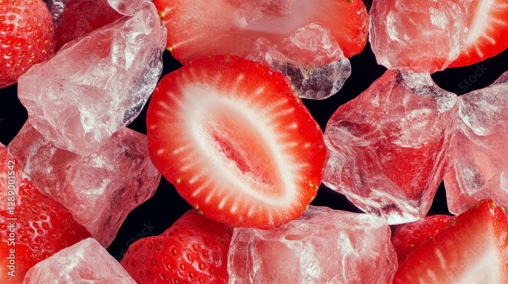 Poster fresh halved strawberries with ice background for summer refreshment theme