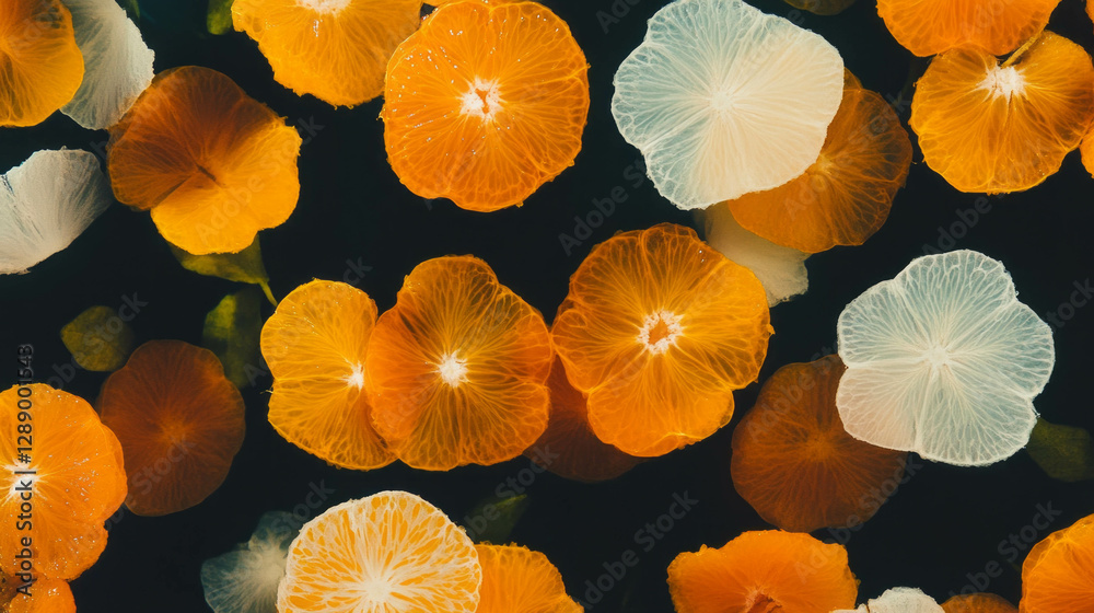 Poster vibrant citrus background design featuring halved tangerines and oranges
