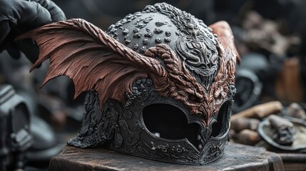 Ornate helmet with dragon wings, meticulously detailed and dark in color, resting on a wooden surface.