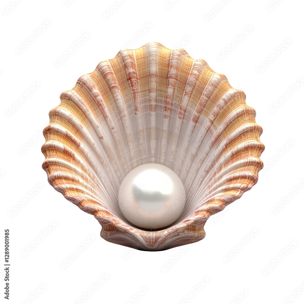 Poster a close-up view of a single pearl nestled inside an open seashell on a sandy beach background isolat