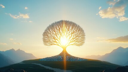 A majestic tree silhouette with radiant light emerging from its center, set against a breathtaking sky and mountainous backdrop.