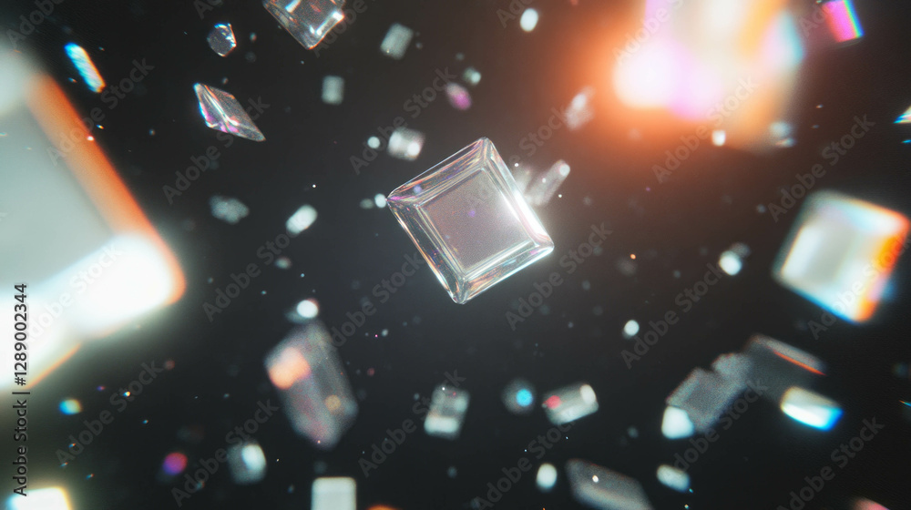 Poster futuristic abstract scene of drifting square confetti in cosmic background for event design