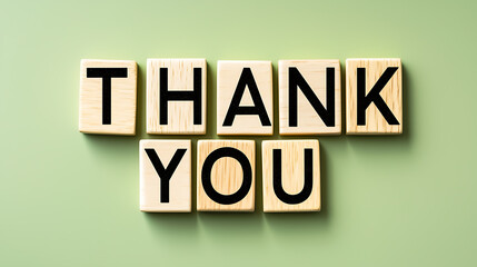 Expressing gratitude with wooden blocks spelling 'Thank You'. A heartfelt gesture conveying appreciation and acknowledgement on a soft green background.