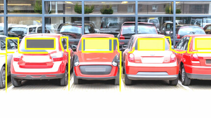 Obraz premium Red Cars Parked in a Row Outside a Modern Building on a Sunny Day