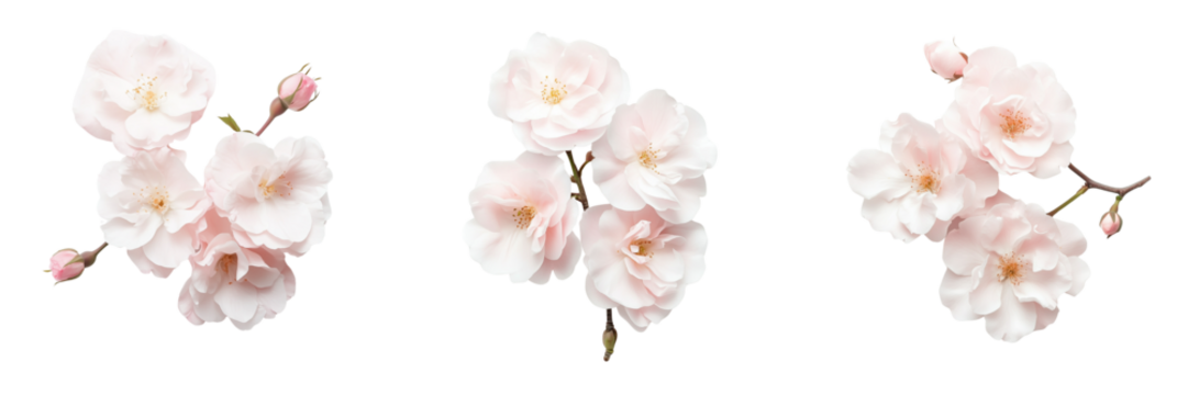 Set of A fresh cherry blossom twig with fully bloomed flowers and partially opened buds on transparent png background. Ai generated