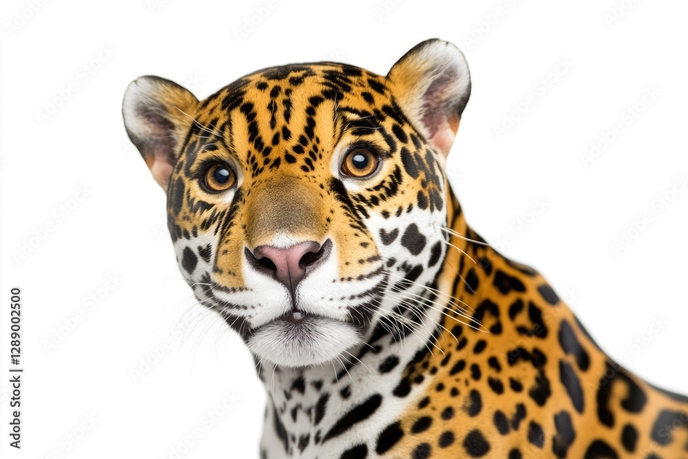 Poster a close-up view of a leopard's face on a white background, ideal for use in animal-themed designs or