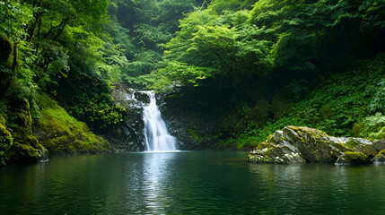 Fototapeta premium Serene Waterfall in Lush Green Forest