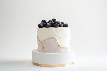 A modern, minimalist cake with a white and soft purple marbled design, accented with gold detailing and topped with fresh blackberries.