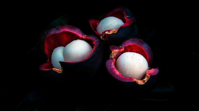 Exotic mangosteen halves on dark background for food art and design