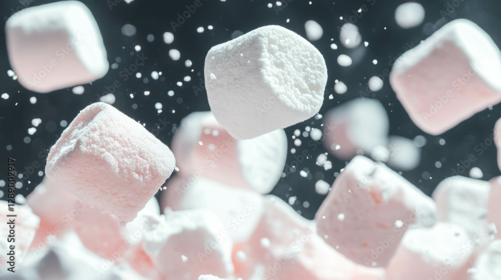 Poster floating marshmallows in soft white background for festive and culinary decoration