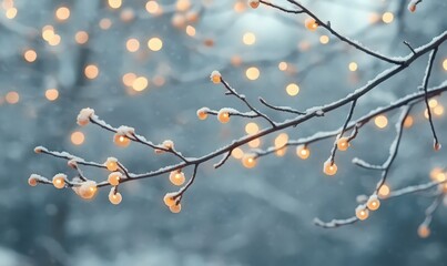 Snow-covered tree branch adorned with warm-toned fairy lights, soft-focus background, winter wonderland aesthetic
