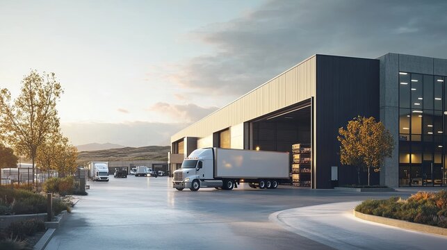 A clean photo of a delivery truck backed up to a sleek modern warehouse. background