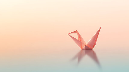 Naklejka premium Delicate origami swan gracefully rests on a reflective surface, bathed in the soft hues of a pastel sky, symbolizing serenity and hope.
