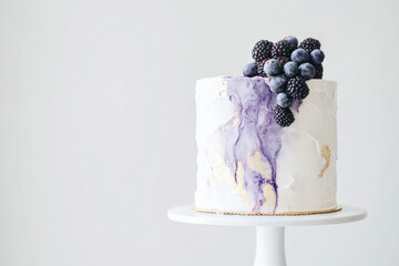 A stylish white cake with marbled purple streaks, gold accents, and fresh blackberries and blueberries, presented on a modern white stand.