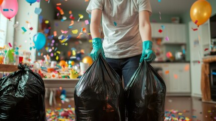 Person wearing gloves collecting trash in garbage bags after a party, cleaning up confetti and leftover food