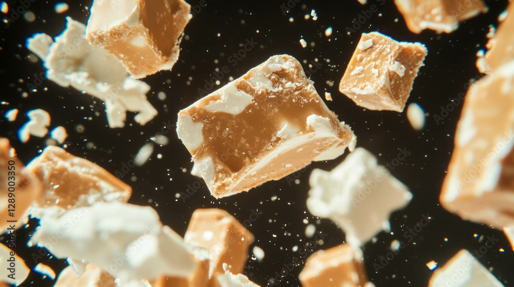 Poster Floating nougat pieces in motion against dark background for dynamic design concepts