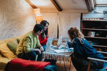 A group of friends engages in collaborative painting, creating a cheerful and creative atmosphere in a cozy, warm room. The image evokes feelings of togetherness, friendship, and artistic exploration.