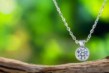 Fototapeta premium Elegant Diamond Pendant Necklace - Stunning solitaire diamond pendant necklace on a silver chain, resting on wood against a blurred green background