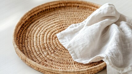A clean photo of a handwoven wicker tray styled with a linen napkin. background