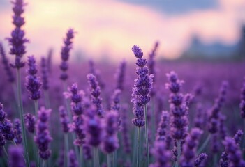 Obraz premium Lavender field in full bloom with vibrant purple flowers under a soft pastel sky at sunset